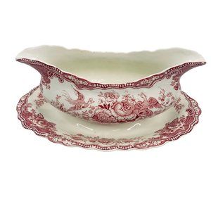 Vintage Crown Ducal Gravy Boat & Underplate Bristol Red Transferware Ironstone